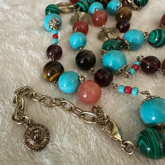 Graziano Multi Colored Gemstone Beaded Long Necklace with Gold Tones - Picture 4 of 7